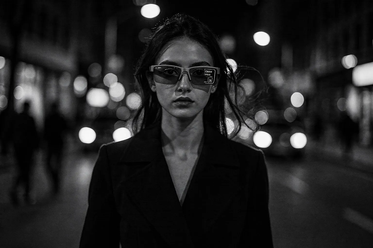 Femme portant des lunettes intelligentes avec affichage intégré dans une rue achalandée