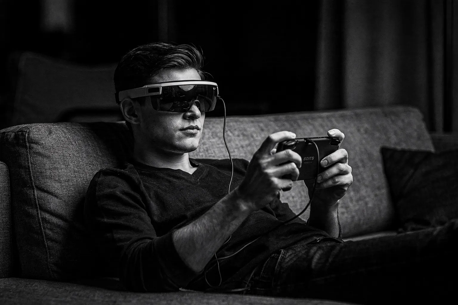 Joueur utilisant des lunettes de réalité augmentée branchées sur une console portable