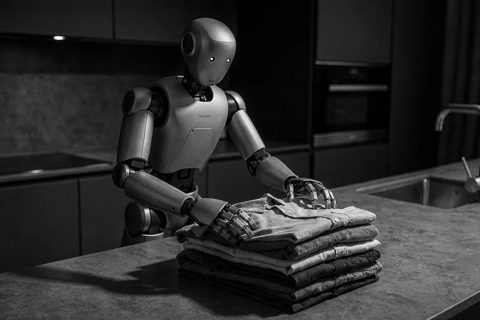 Robot domestique à deux bras qui plie du linge dans une cuisine moderne
